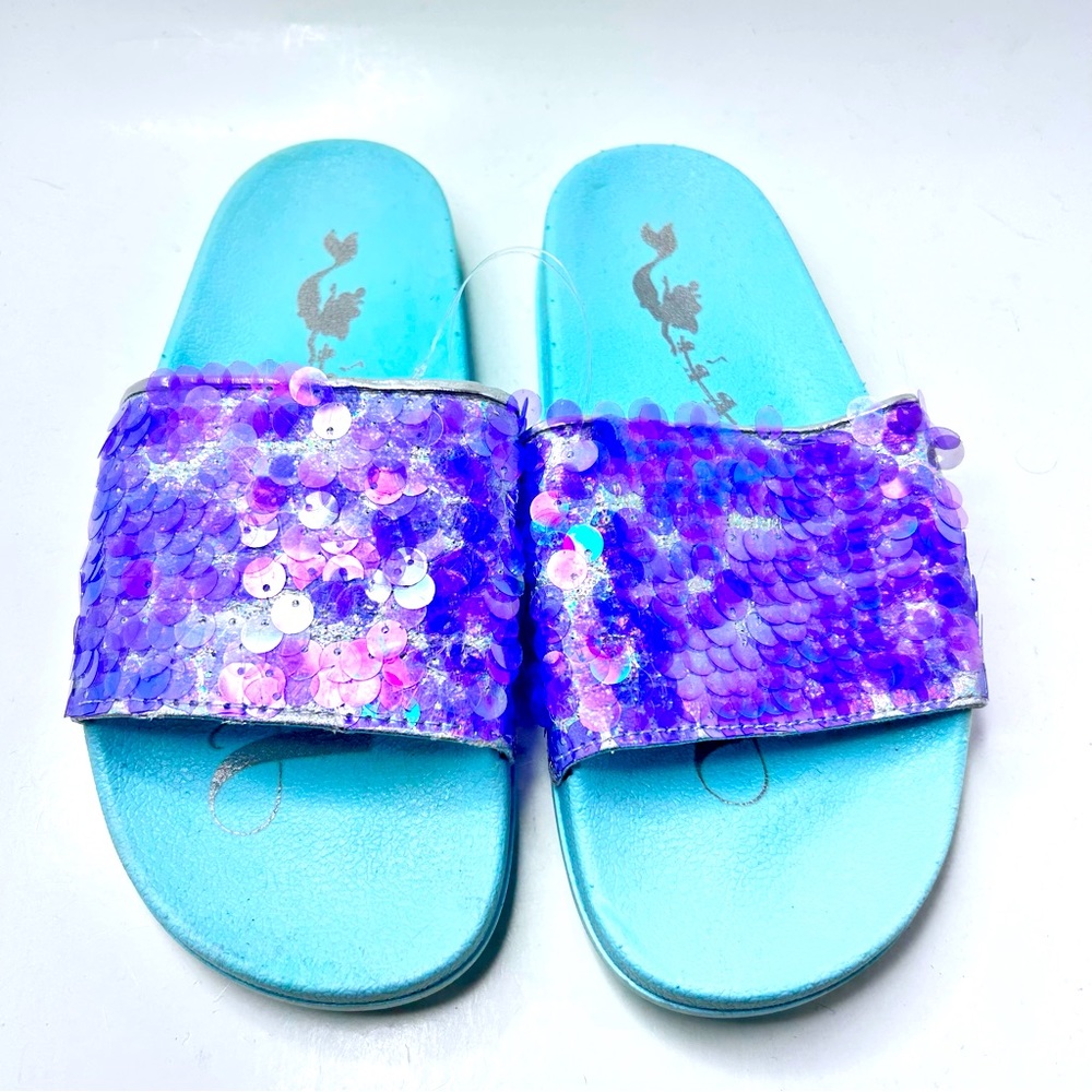 DISNEY LITTLE MERMAID ARIEL SEQUINS WOMEN'S BLUE PURPLE SANDAL SLIDES SIZE 7 Fg5